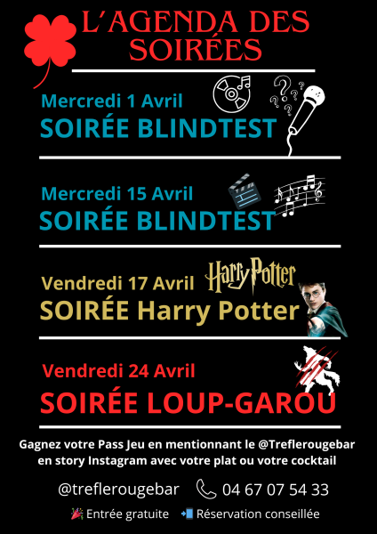 ⚡ AVRIL AU TRÈFLE ROUGE – L’AGENDA DES SOIRÉES ⚡
