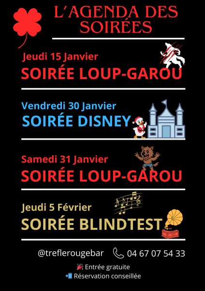 ⚡ L’AGENDA DES SOIRÉES AU TRÈFLE ROUGE ⚡